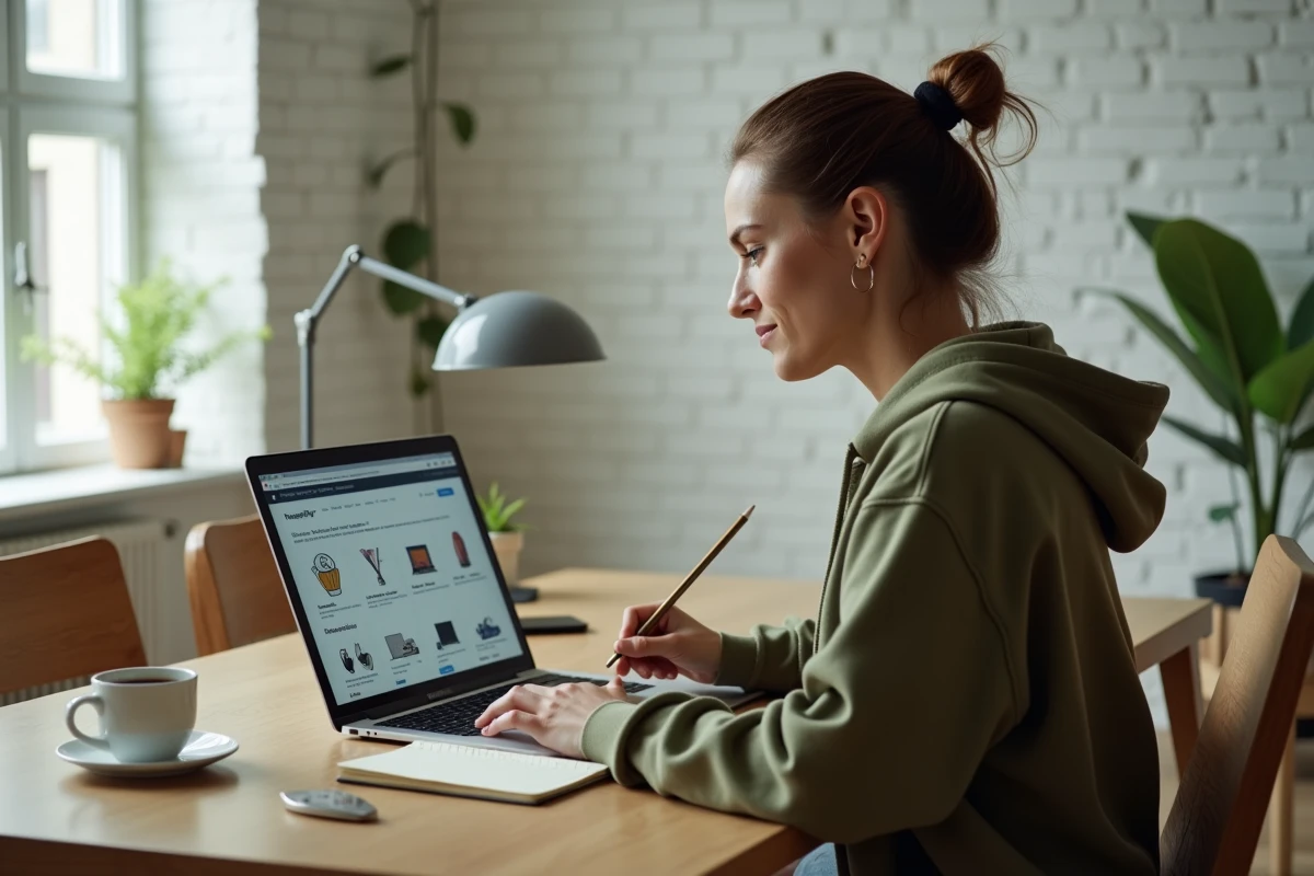 Une femme suivant une formation bricolage en ligne sur son ordinateur portable depuis son bureau à domicile