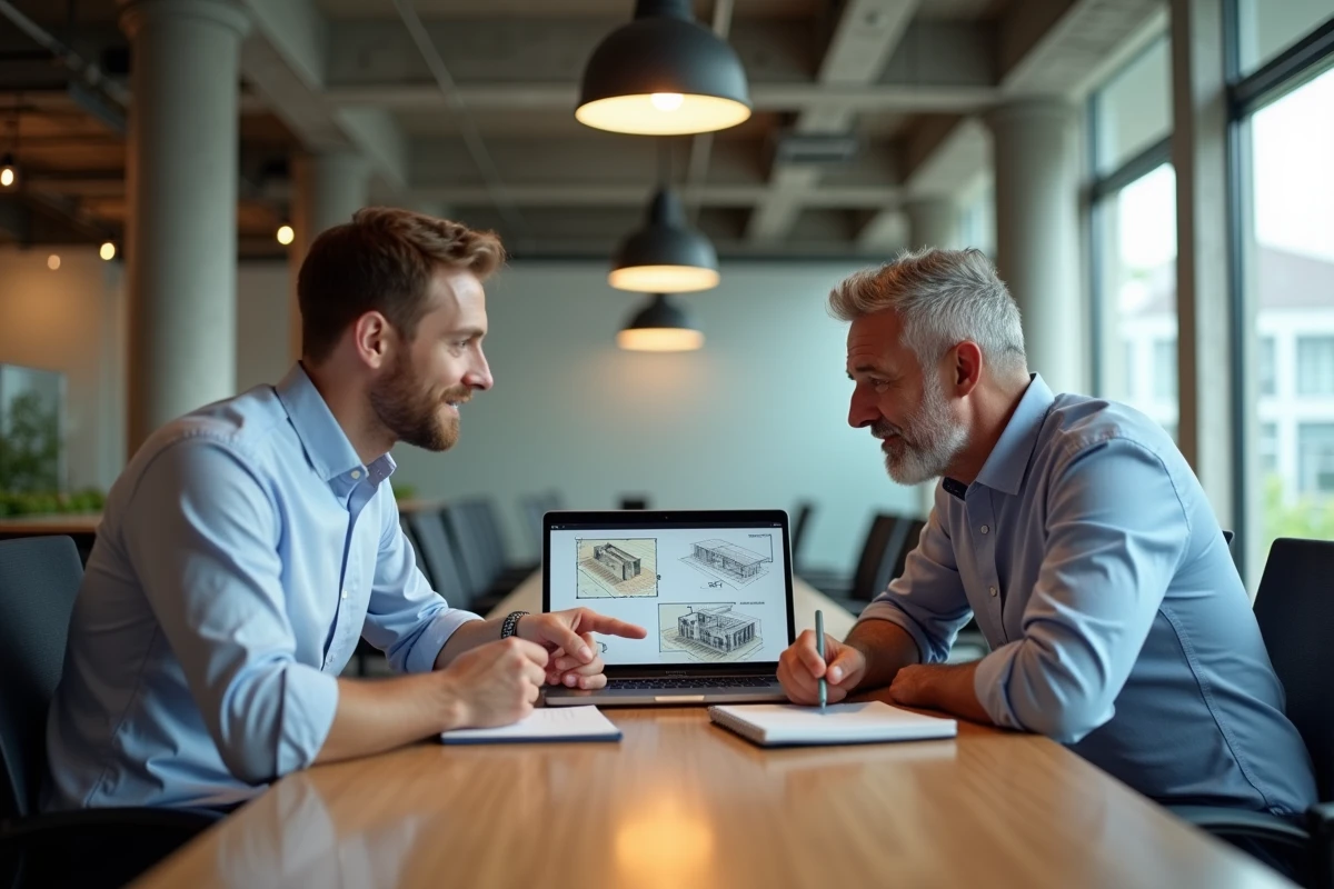 Deux professionnels du bâtiment collaborant sur une formation BTP en ligne dans un espace de coworking moderne