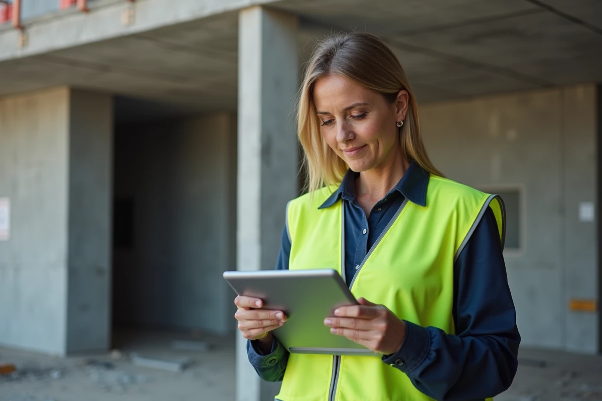 Femme professionnelle du BTP consultant une formation en ligne sur tablette devant un chantier de construction