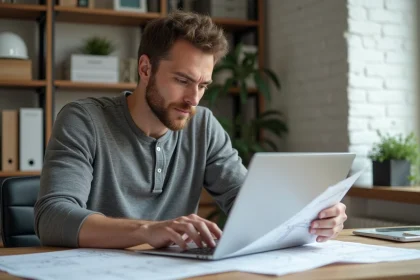Homme adulte étudiant des plans de construction sur un bureau à domicile devant un ordinateur portable pour une formation BTP à distance