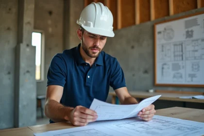 Professionnel du BTP en chantier consultant des documents de formation pour choisir le bon niveau de certification selon son budget
