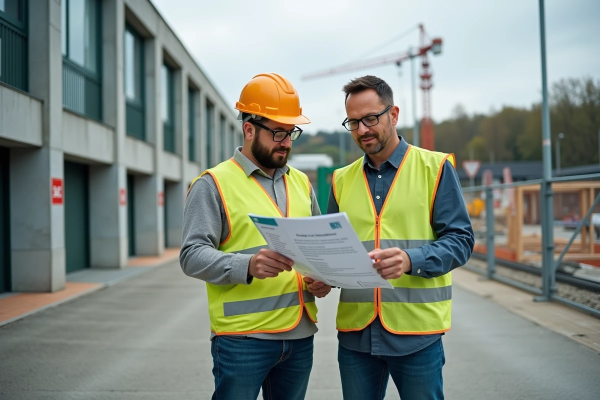 Deux travailleurs du bâtiment en gilets de sécurité examinant ensemble une brochure tarifaire de formation BTP à l'entrée d'un chantier