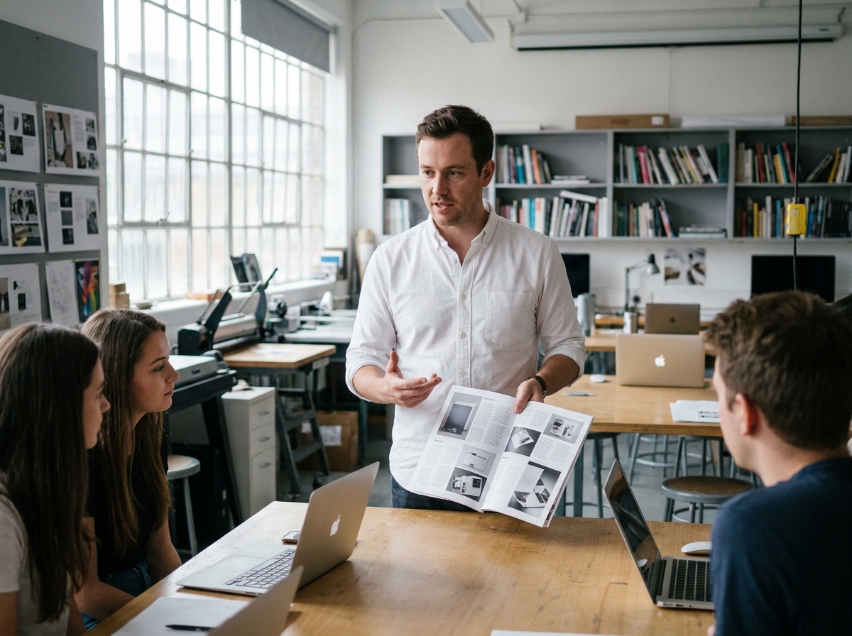 Formateur en design graphique présentant une maquette de mise en page à des étudiants dans une salle de cours équipée