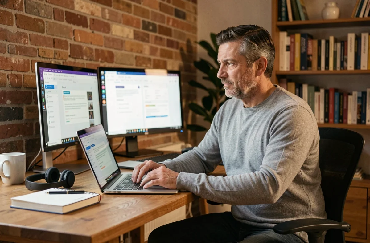 Homme en télétravail suivant une formation en ligne depuis son appartement parisien avec un ordinateur portable
