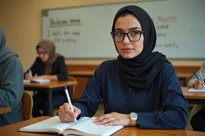 Femme migrante adulte en formation professionnelle dans une salle de cours communautaire, prenant des notes avec attention