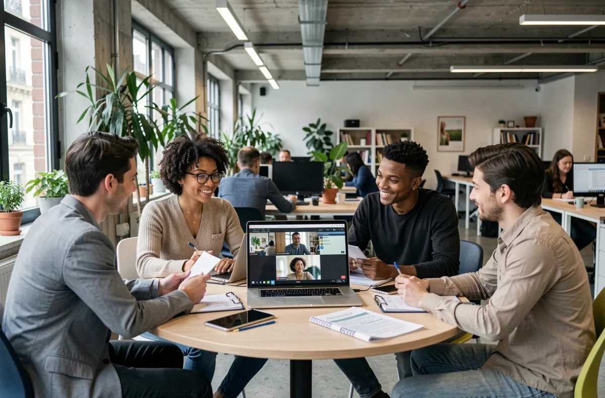 Groupe de professionnels en session de formation hybride combinant présentiel et visioconférence dans un coworking parisien
