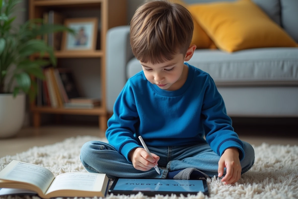 Garçon de 9 ans tracant des mots arabes sur une tablette