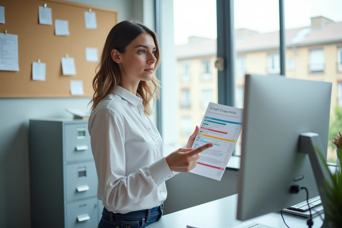 Assistante administrative gérant l'organisation de sa boîte mail professionnelle sur double écran dans un bureau moderne