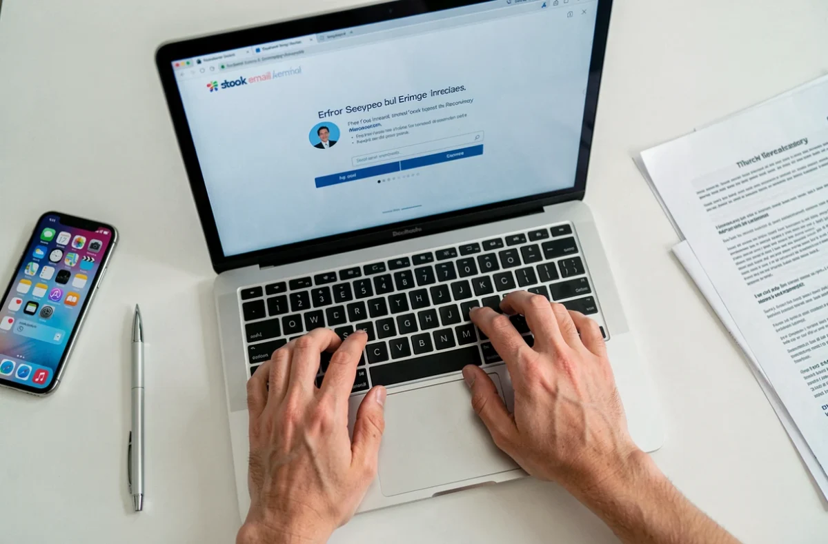 Gros plan sur des mains tapant sur un clavier d'ordinateur portable avec un message d'erreur visible sur l'écran de connexion à la messagerie pia