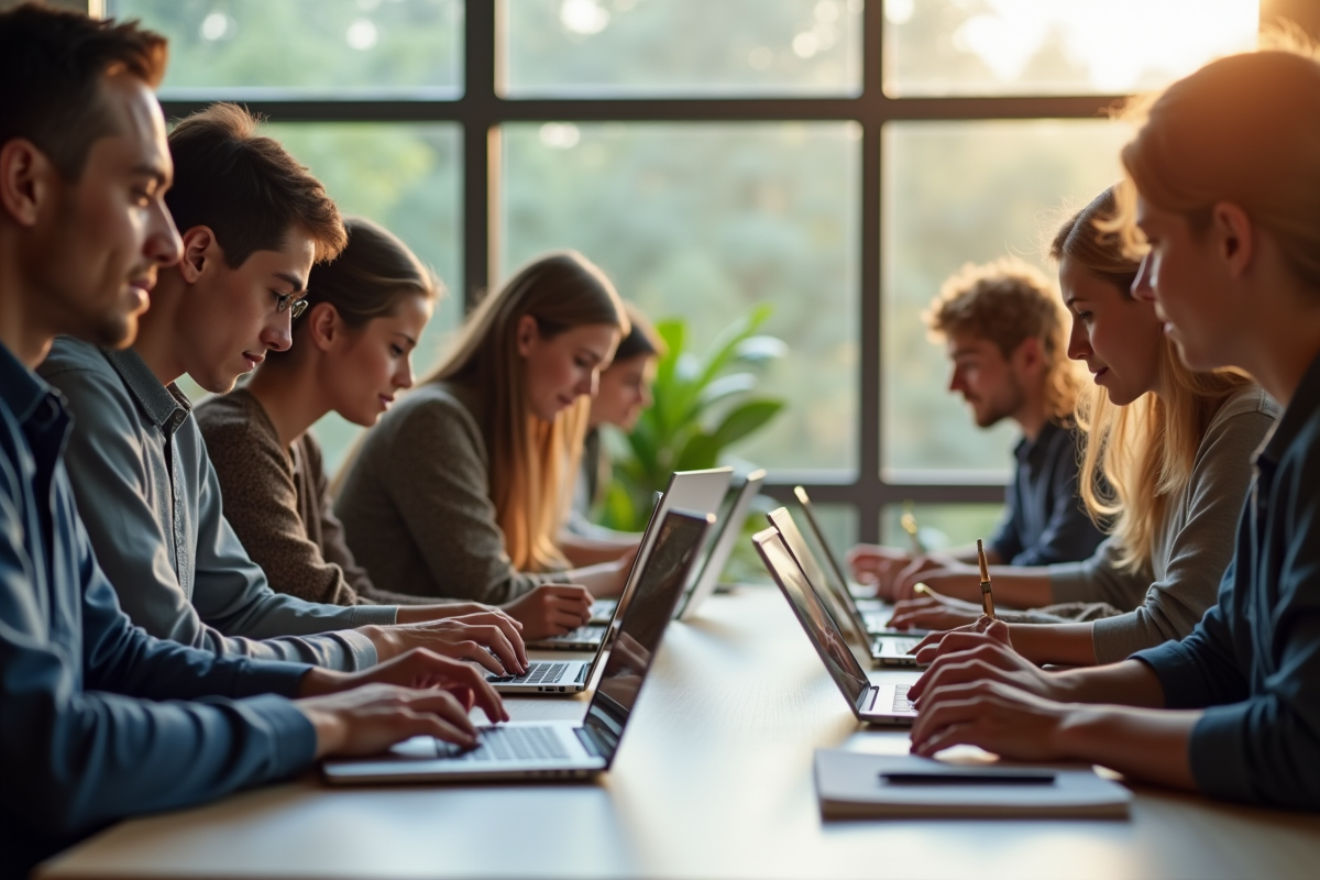 Groupe divers d'apprenants utilisant des laptops en formation