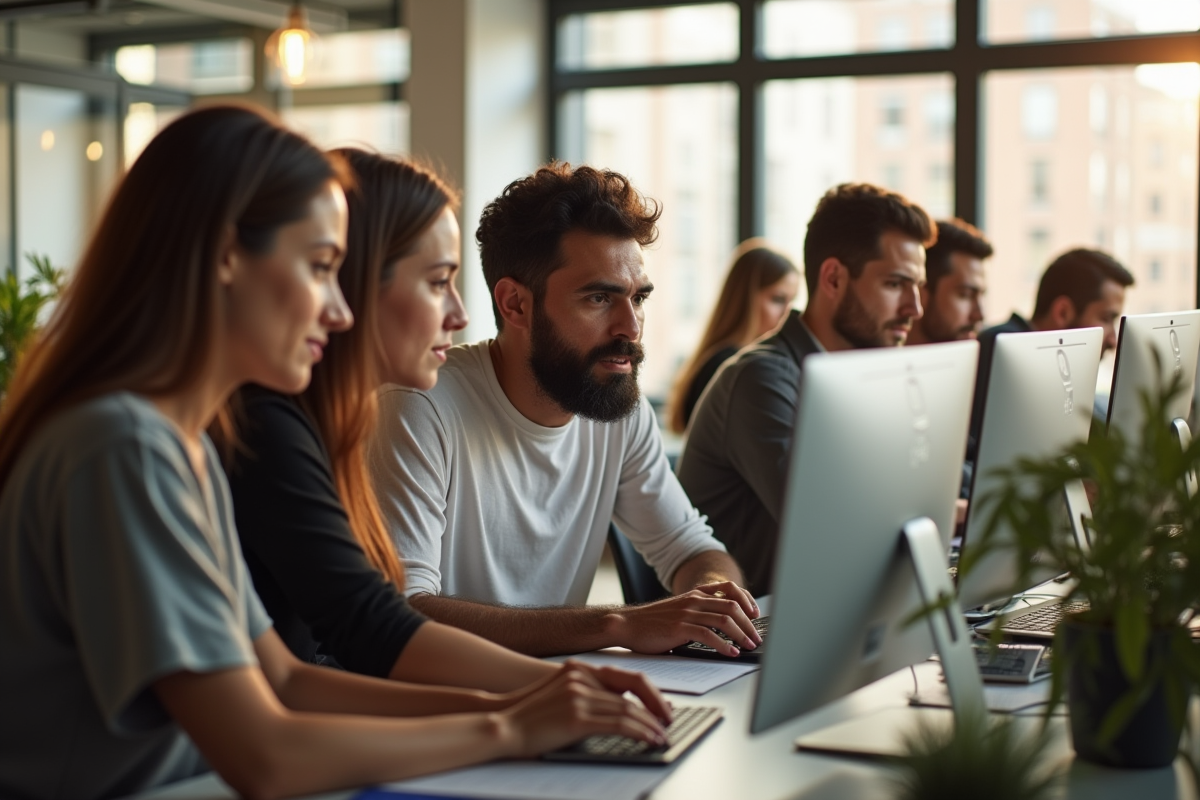 Groupe d'employes collaborant dans un bureau lumineux