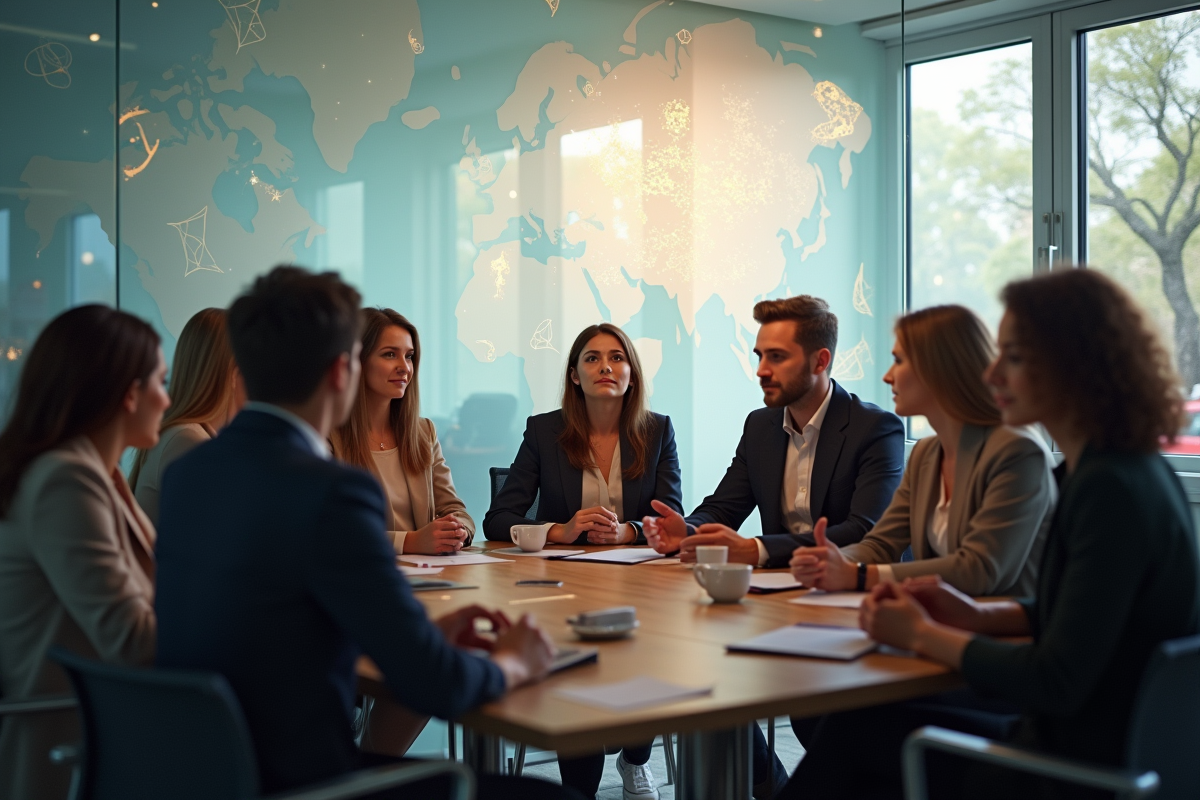 Groupe de personnes en discussion avec symboles abstraits en arrière-plan