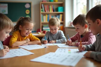 Enfants de 7 ans lisant des fiches en classe