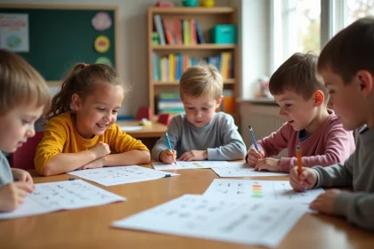 Enfants de 7 ans lisant des fiches en classe