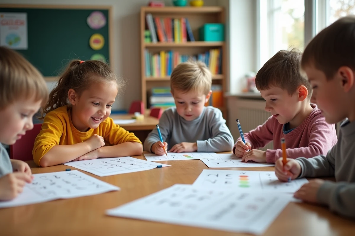 Enfants de 7 ans lisant des fiches en classe