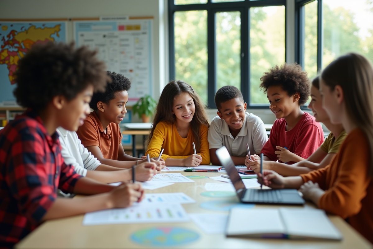 Groupe d'étudiants divers collaborant en classe lumineuse