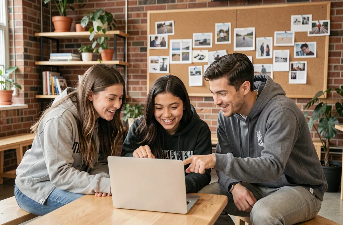 Groupe d'étudiants collaborant autour d'un ordinateur portable pour découvrir MJM Cloud lors de la rentrée à MJM Graphic Design