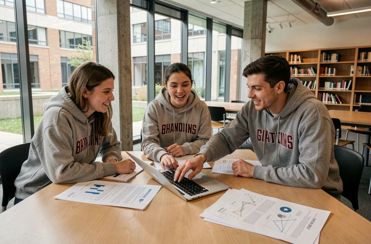 Groupe d'étudiants en ingénierie discutant de recherches sur Elon Musk autour d'une table dans un espace commun universitaire moderne
