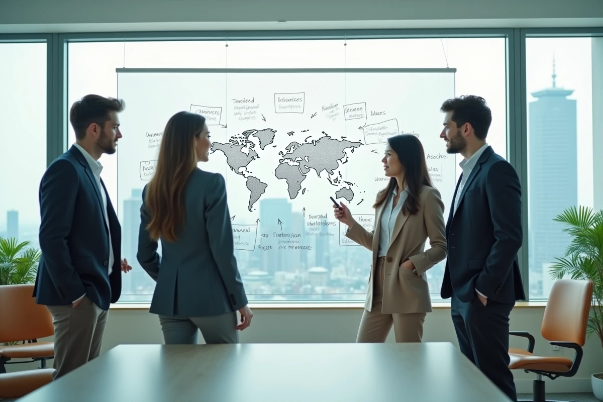 Groupe d'étudiants en école de commerce travaillant sur un programme de double diplôme international devant un tableau de partenariats académiques