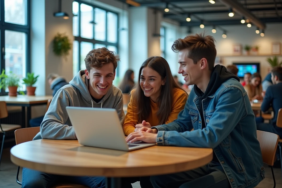 Groupe d'étudiants collaborant sur un projet de design numérique dans l'espace commun de l'école des Gobelins