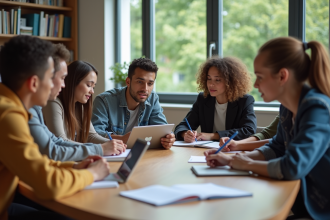 Groupe d'étudiants en discussion dans une salle moderne