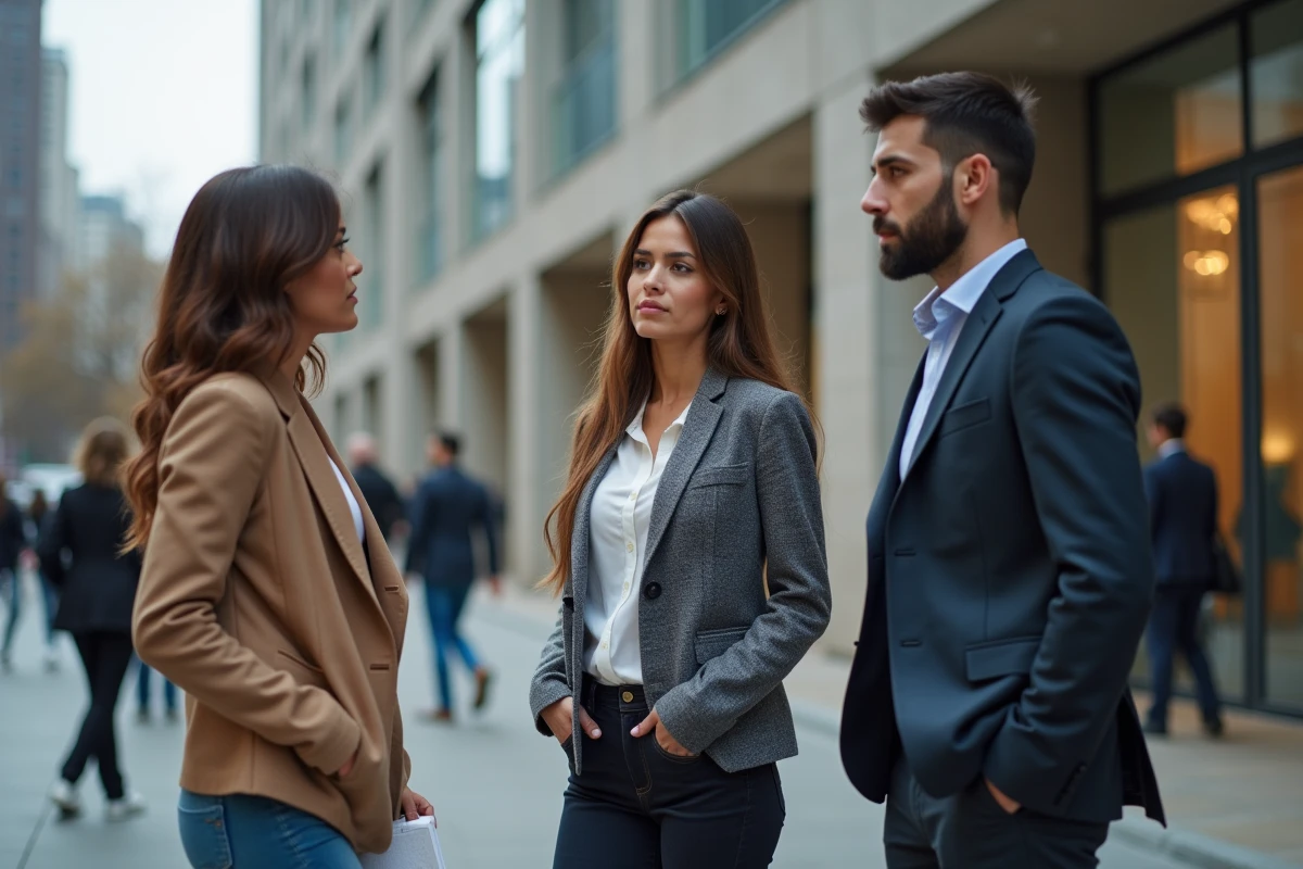 Trois jeunes adultes discutant devant un b&acirc;timent moderne