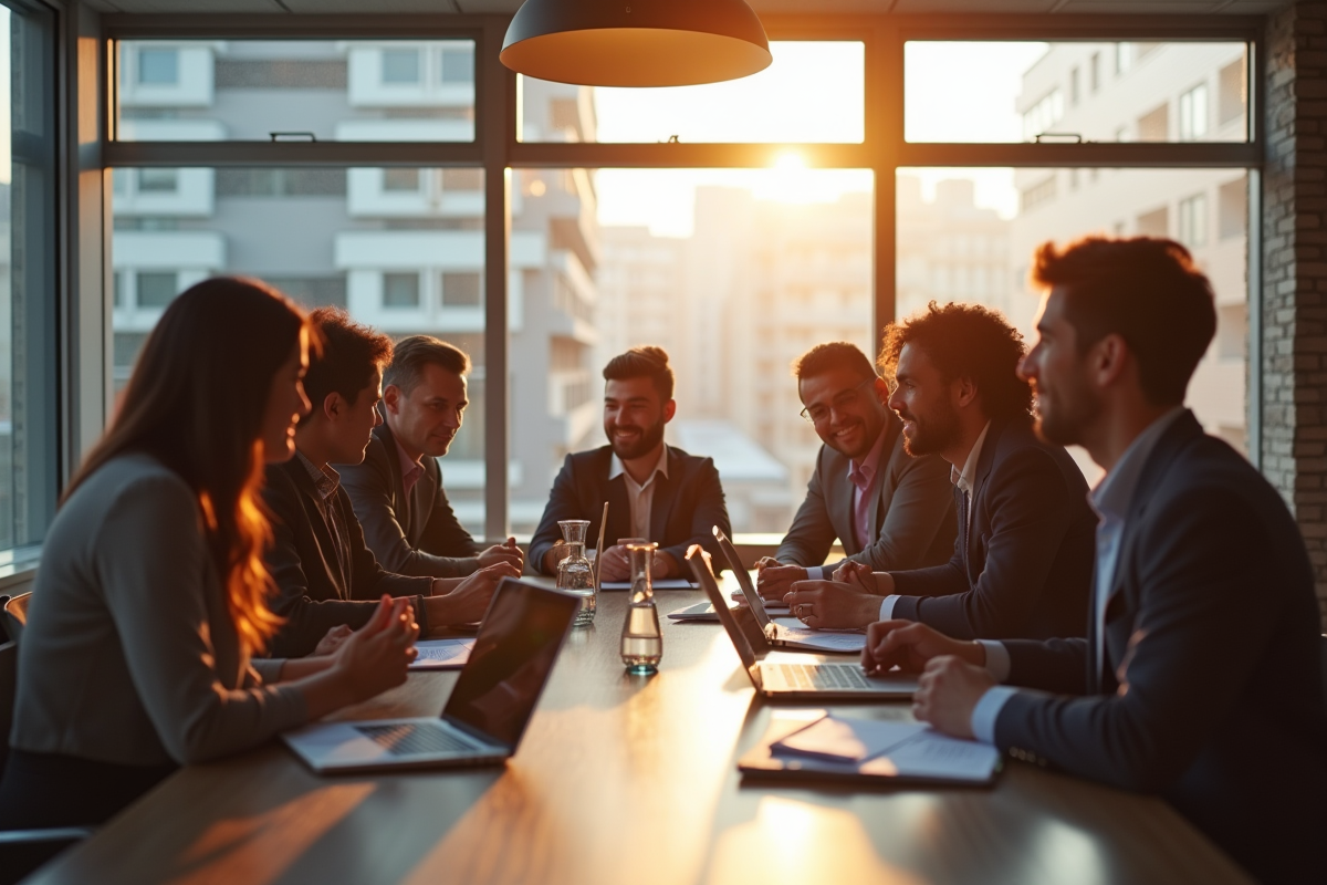 Groupe de professionnels collaborant dans un bureau lumineux