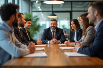 Groupe de professionnels en réunion dans un bureau moderne