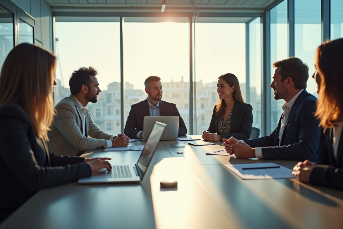 Groupe de professionnels en réunion dans un bureau lumineux