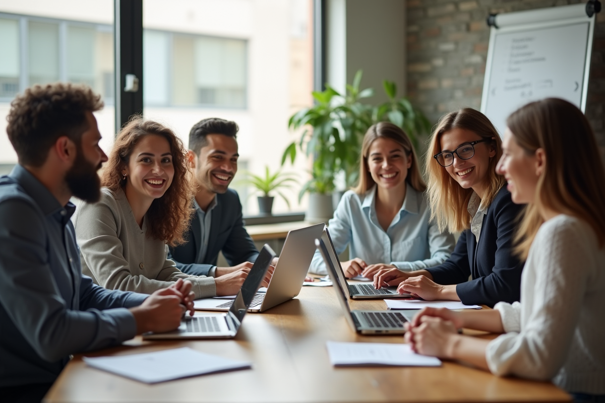 Groupe de professionnels discutant autour d'une table avec certificats en ligne