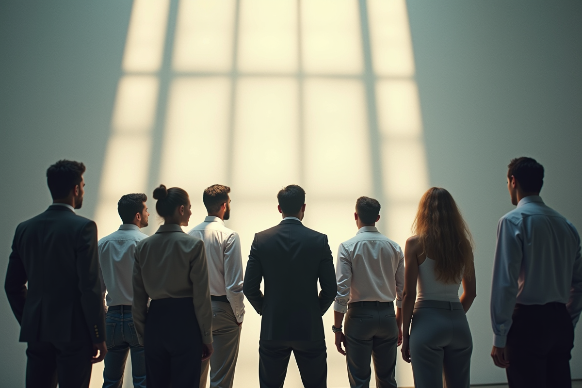 Groupe de professionnels face à un mur dans un bureau moderne