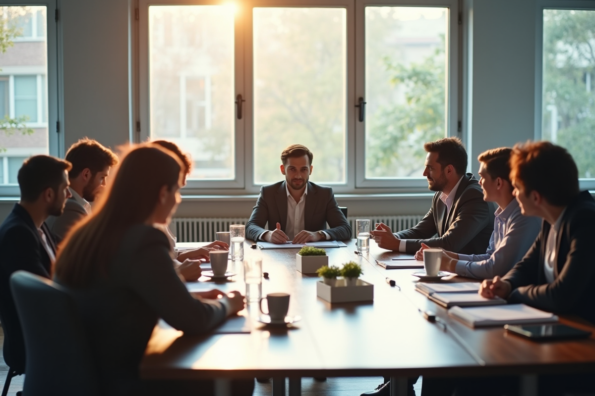 Groupe diversifié en réunion de travail en entreprise