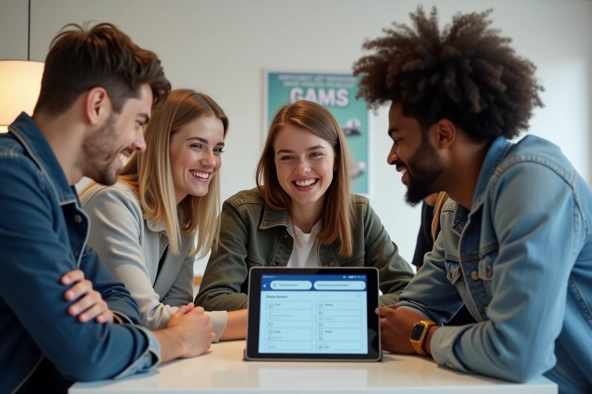 Groupe de jeunes candidats révisant ensemble les types de questions du permis de conduire sur une tablette dans une auto-école
