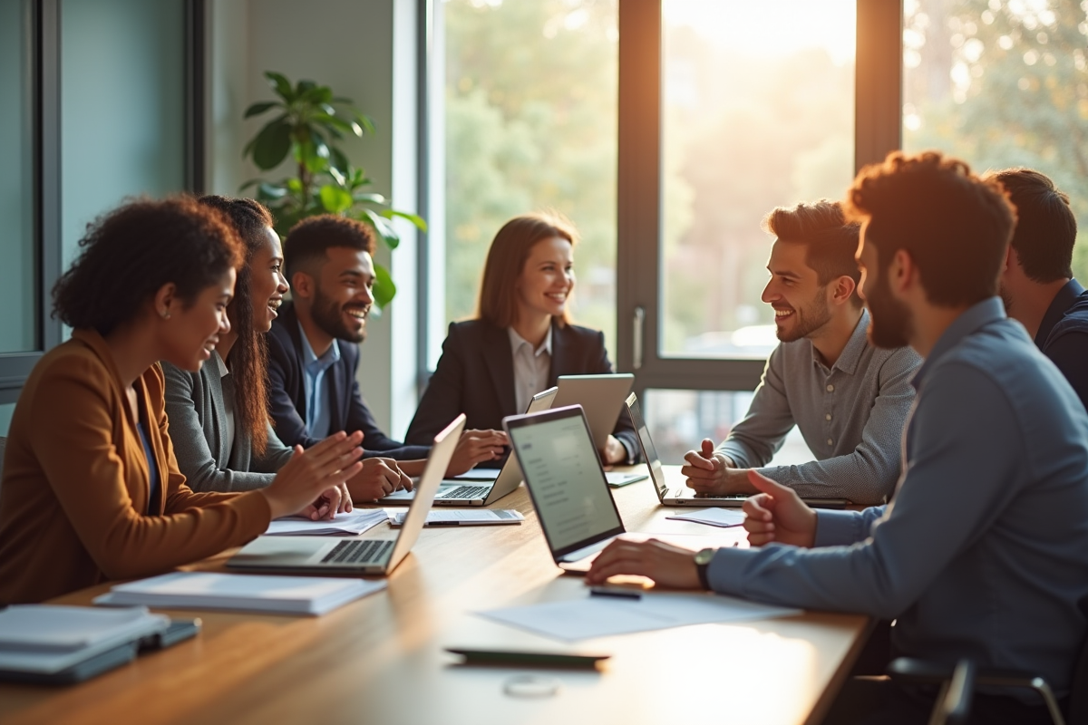 Groupe d'adultes travaillant autour d'une table moderne en finance