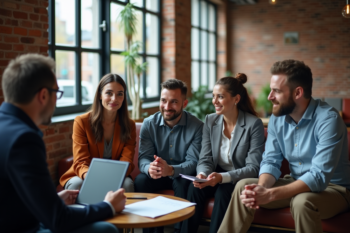 Groupe de professionnels en atelier collaboratif dans un espace de coworking