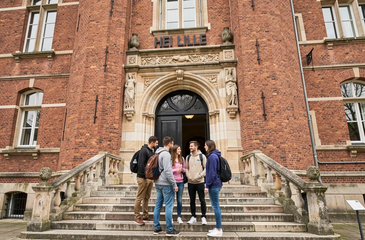 Groupe d'étudiants sur les marches du bâtiment historique en briques rouges de HEI Lille