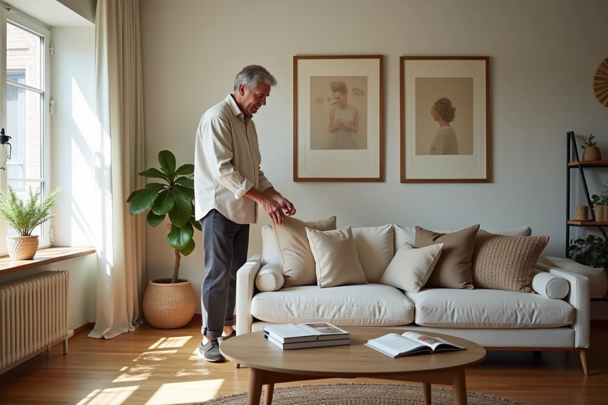 Homme arrangeant coussins dans un salon lumineux