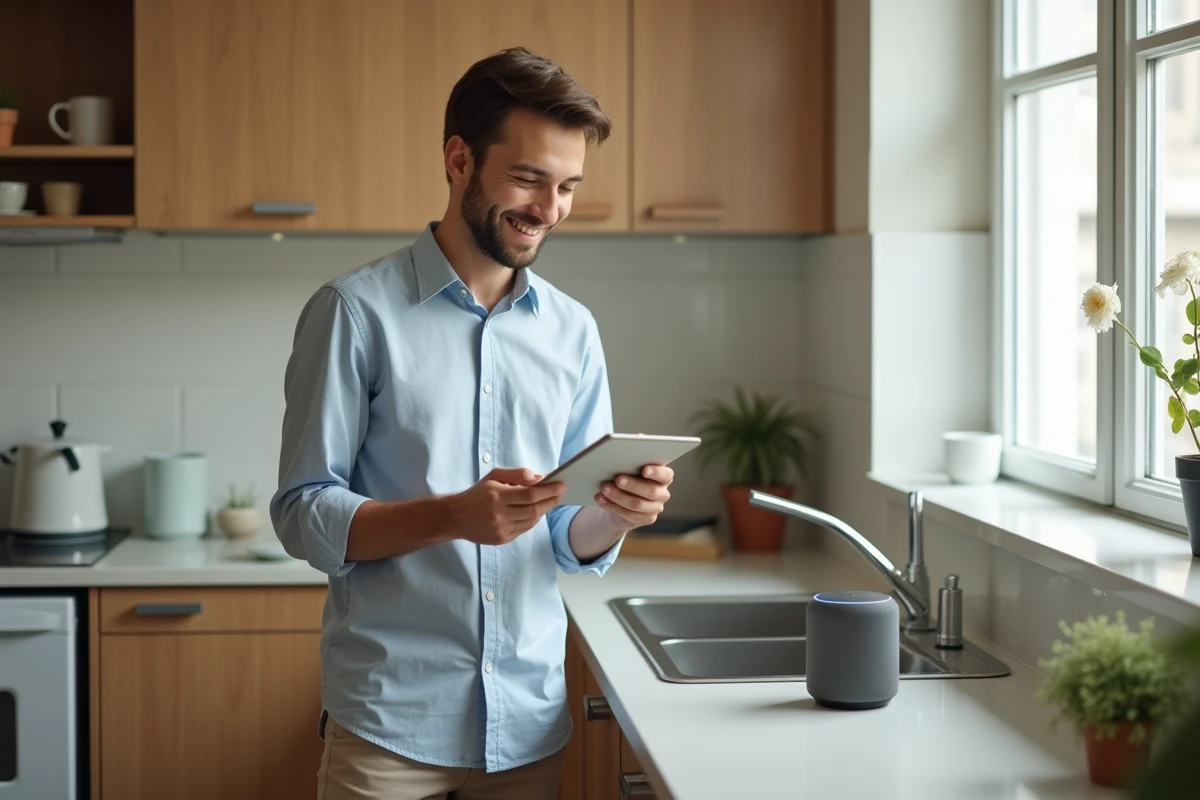 Homme utilisant une commande vocale dans sa cuisine à la maison