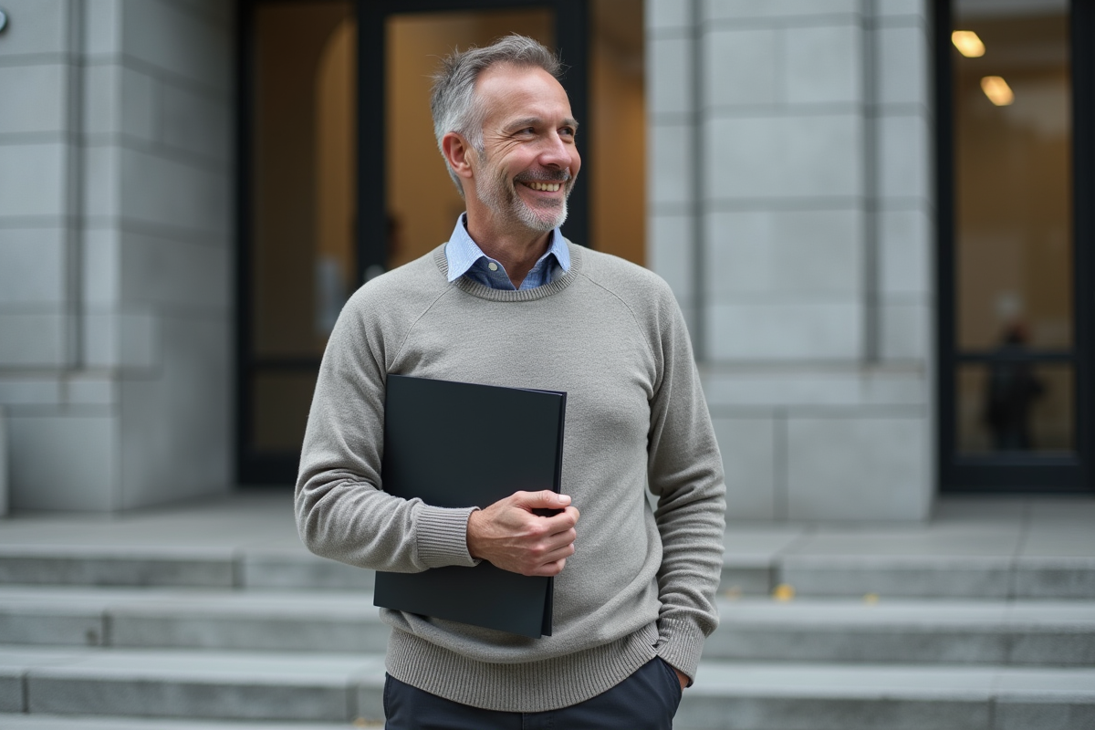 Homme devant un bâtiment gouvernemental avec dossier fermé