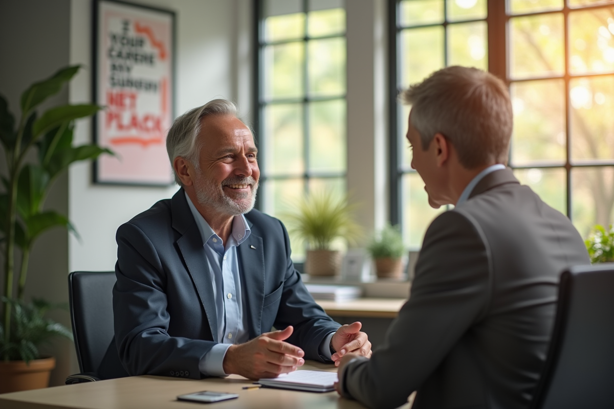 Homme souriant discutant avec un conseiller en bureau moderne