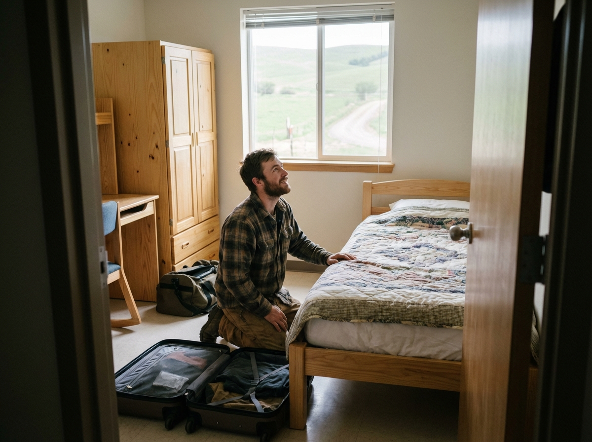 Jeune homme déballant ses affaires dans une chambre d