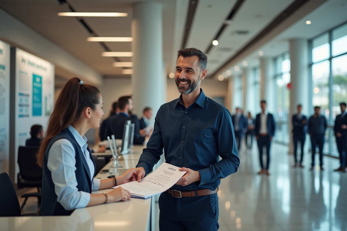 Homme souriant remettant un dossier à un agent d emploi