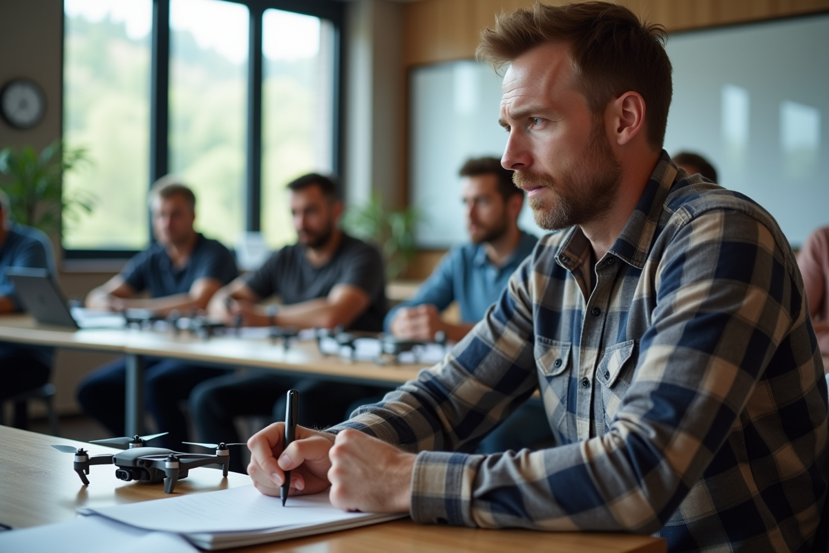 Homme en formation drone dans une salle moderne