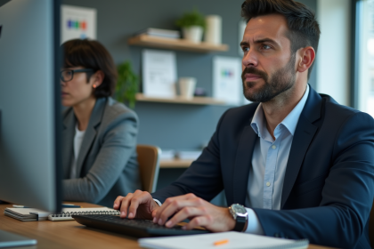 Homme d'âge moyen en formation informatique en classe moderne