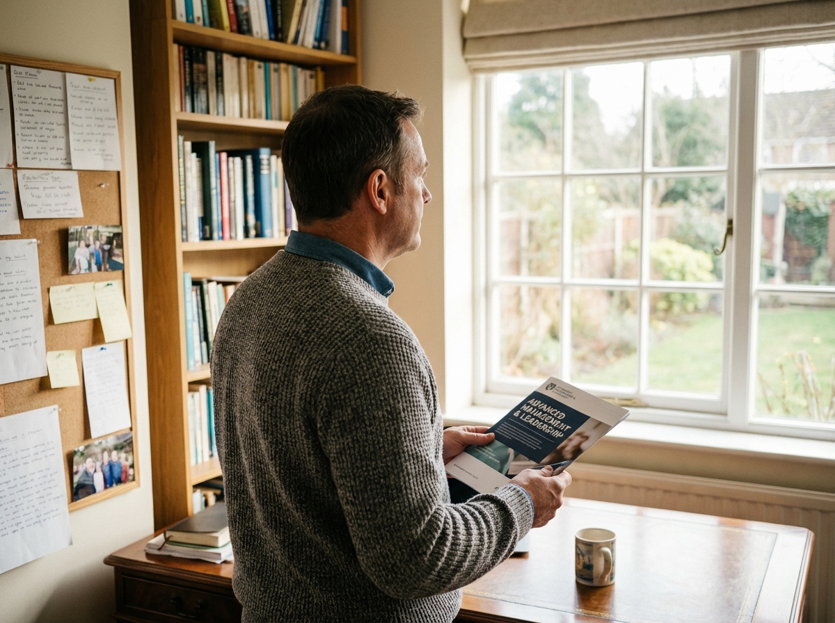 Homme dans un espace de travail à la maison regardant une brochure