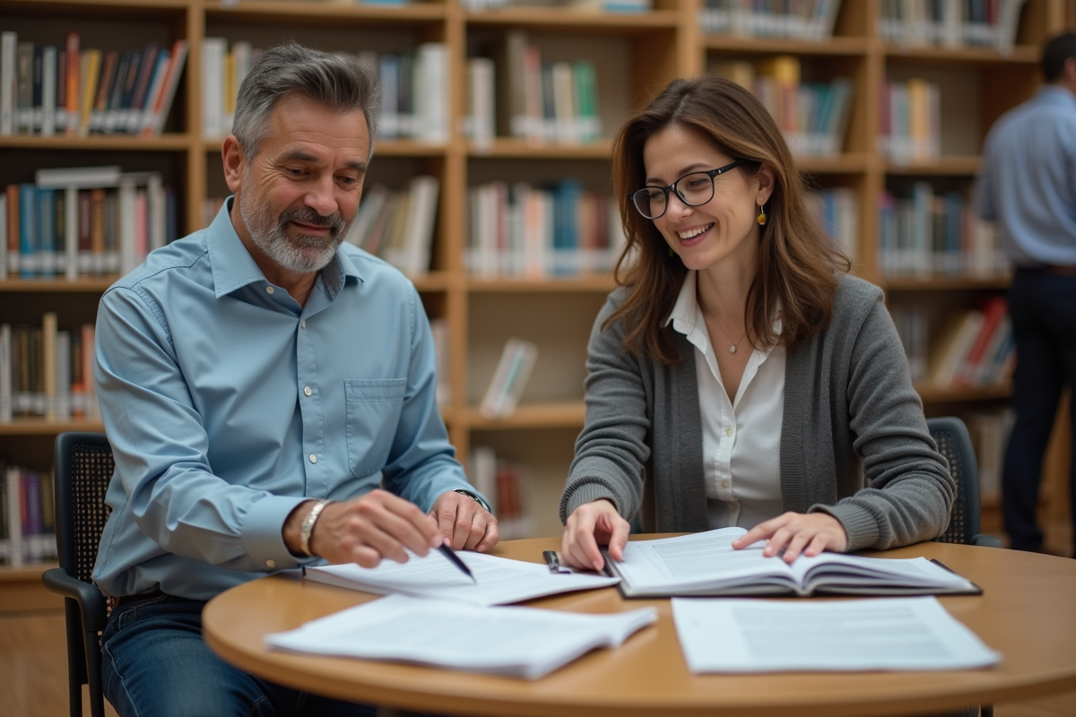 Homme et bibliothecaire collaborant sur des formulaires dans une bibliothèque