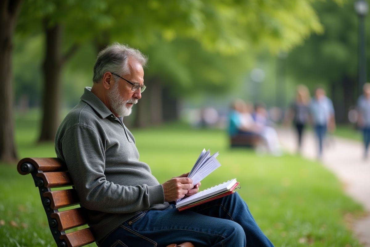 Homme assis dans un parc étudie brochures et carnet