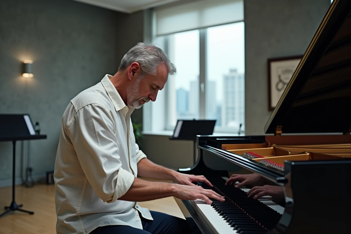 Homme adulte découvrant des accords au piano à queue dans un studio de musique minimaliste urbain