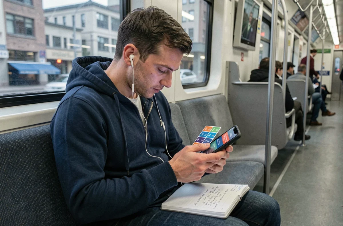 Homme étudiant le TOEIC dans les transports en commun sur smartphone pendant son trajet quotidien