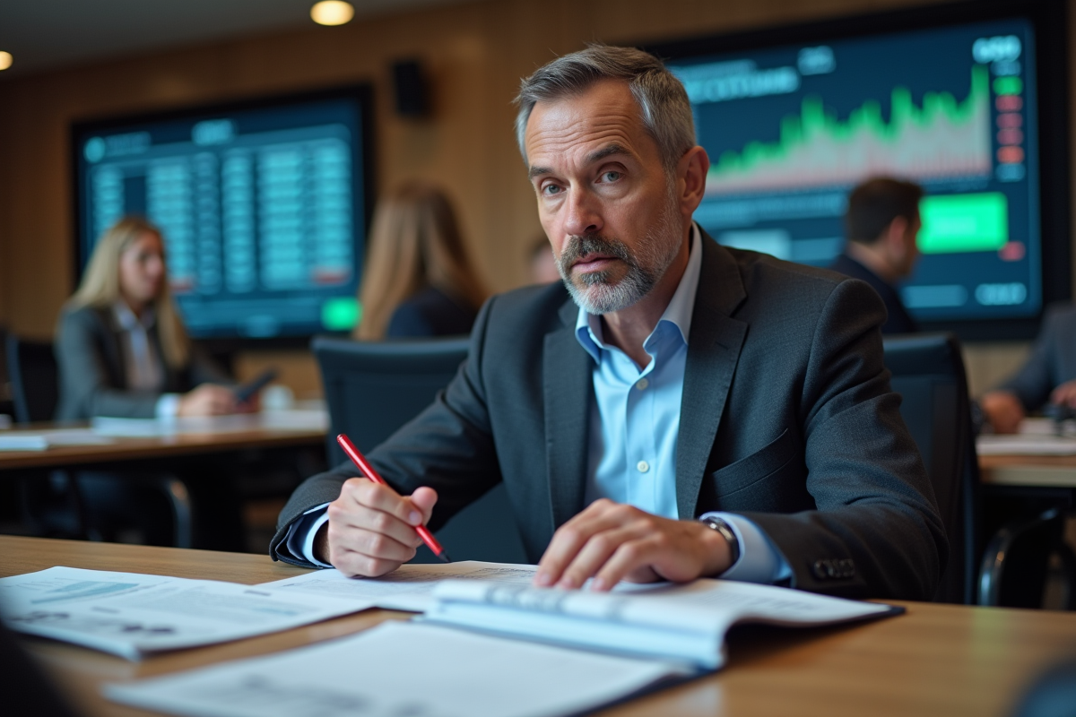 Homme en costume étudiant des rapports financiers en réunion